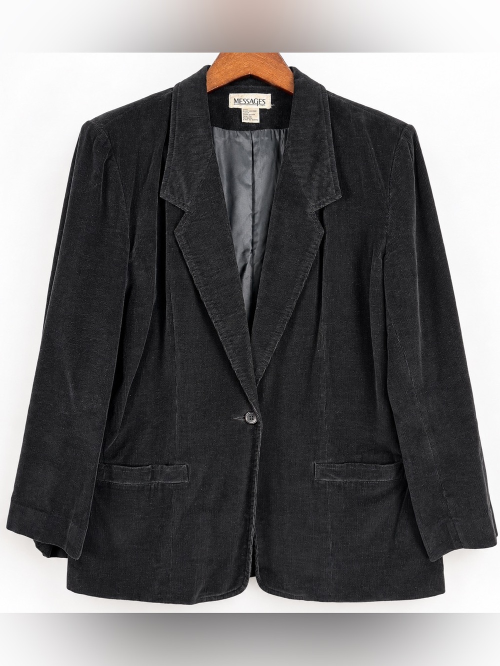 Vintage 90s Messages Black Corduroy Blazer 12 Oversized Boyfriend Jacket